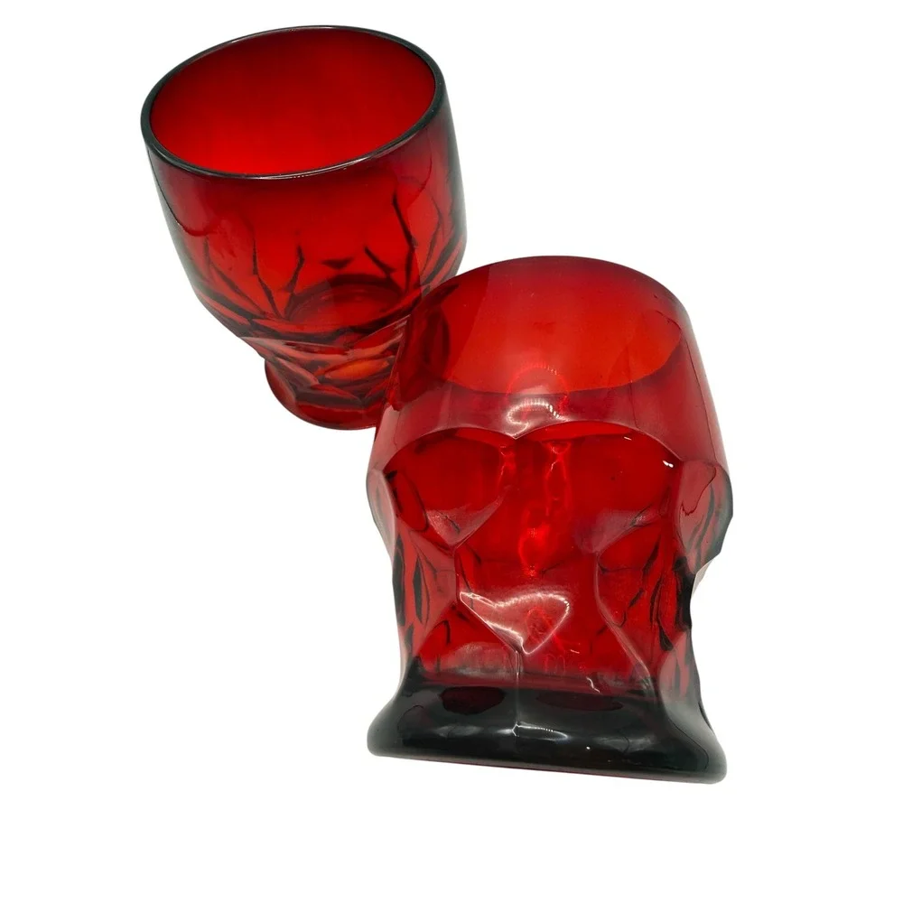 Vintage Ruby Red Textured Faceted Juice Glasses Set of 2 Crimson Tumblers